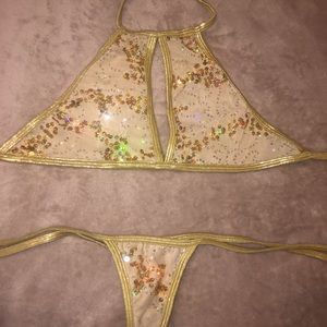 Gold Glitter Mesh Halter Bikini ⭐️